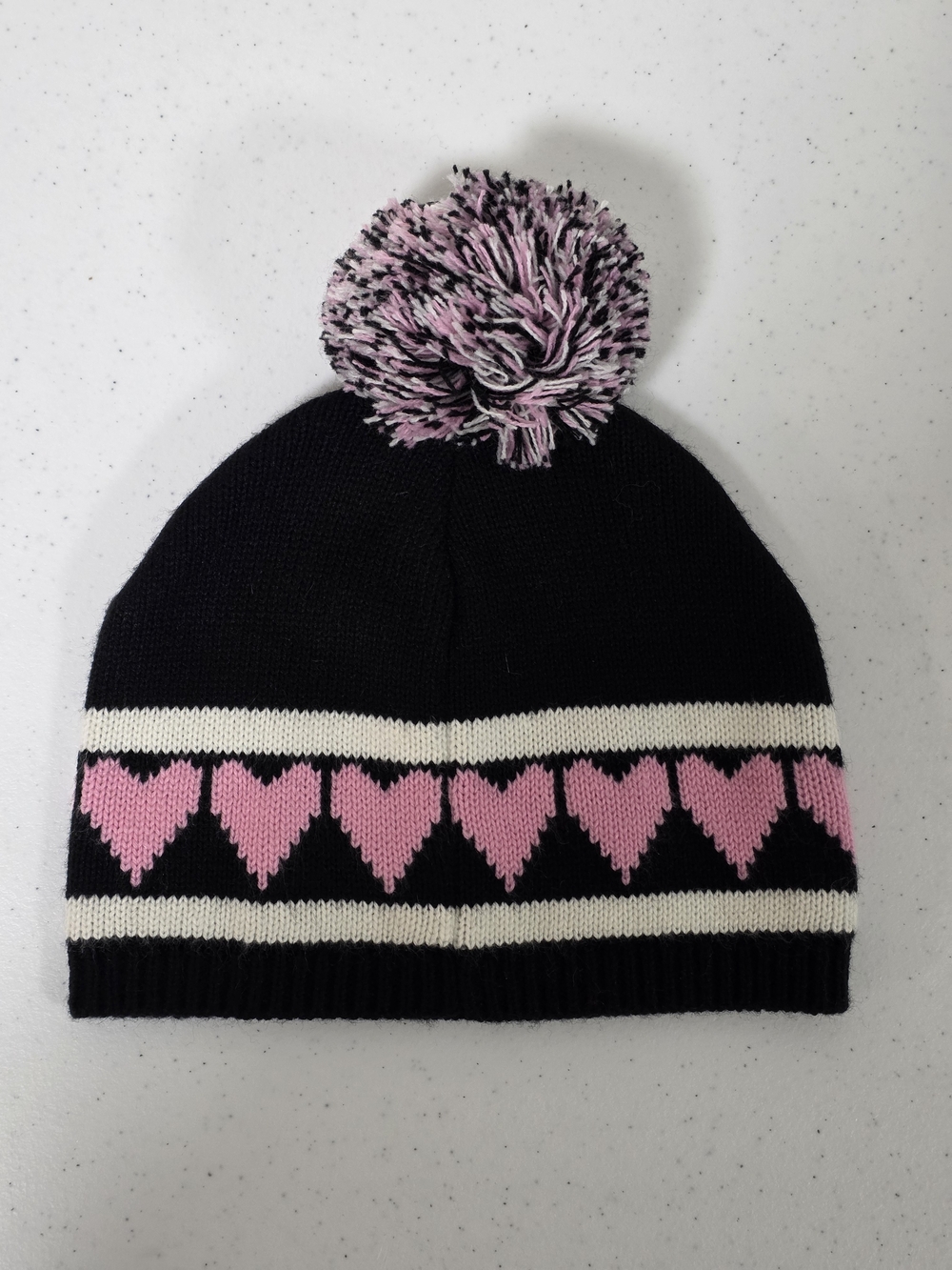 GUESS Vintage Black Beanie Knit Winter Hat with Pink Heart Pattern and Pom OSFA